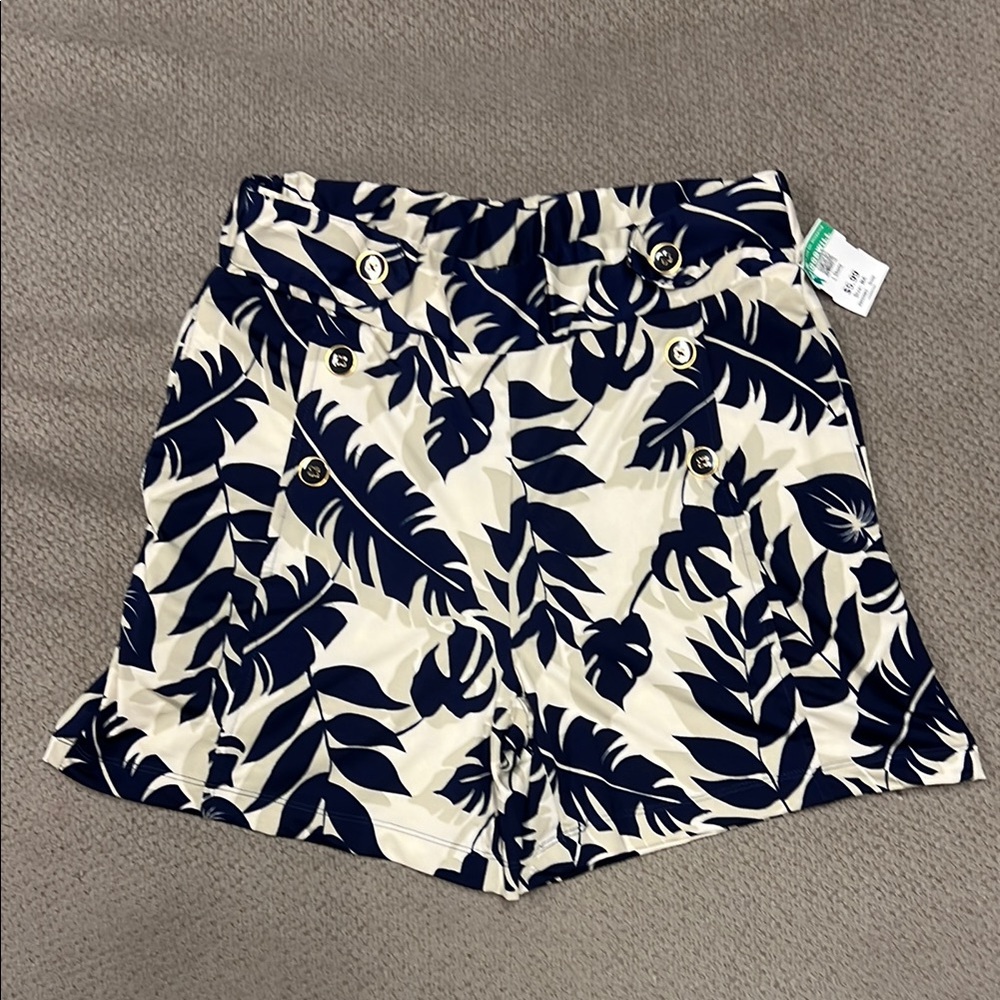 Robert Louis Cream and Navy Leaf Print Women's shorts